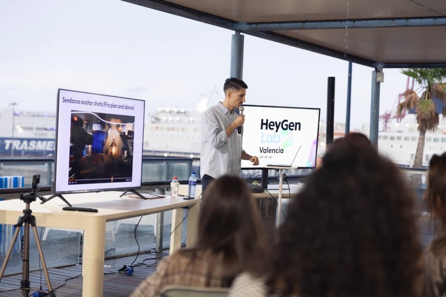 The HeyGen team presenting at The Founders Table in Valencia, shot by @pablorubiniphotography