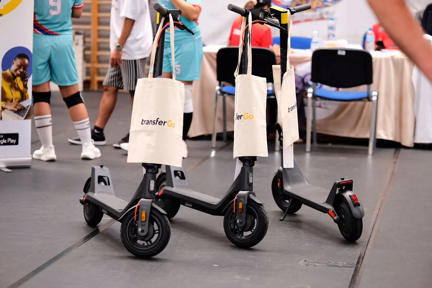 TransferGo branded e-scooters lined up as giveaway prizes